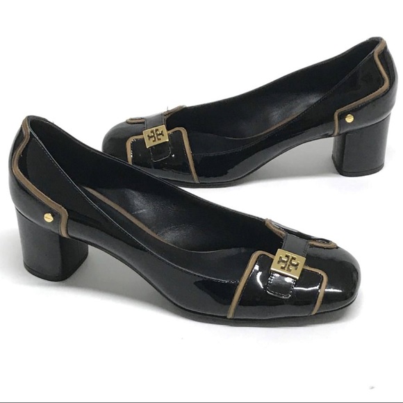Tory Burch Shoes - TORY BURCH Black Brown PUMPS Heels LOGO Hardware 9